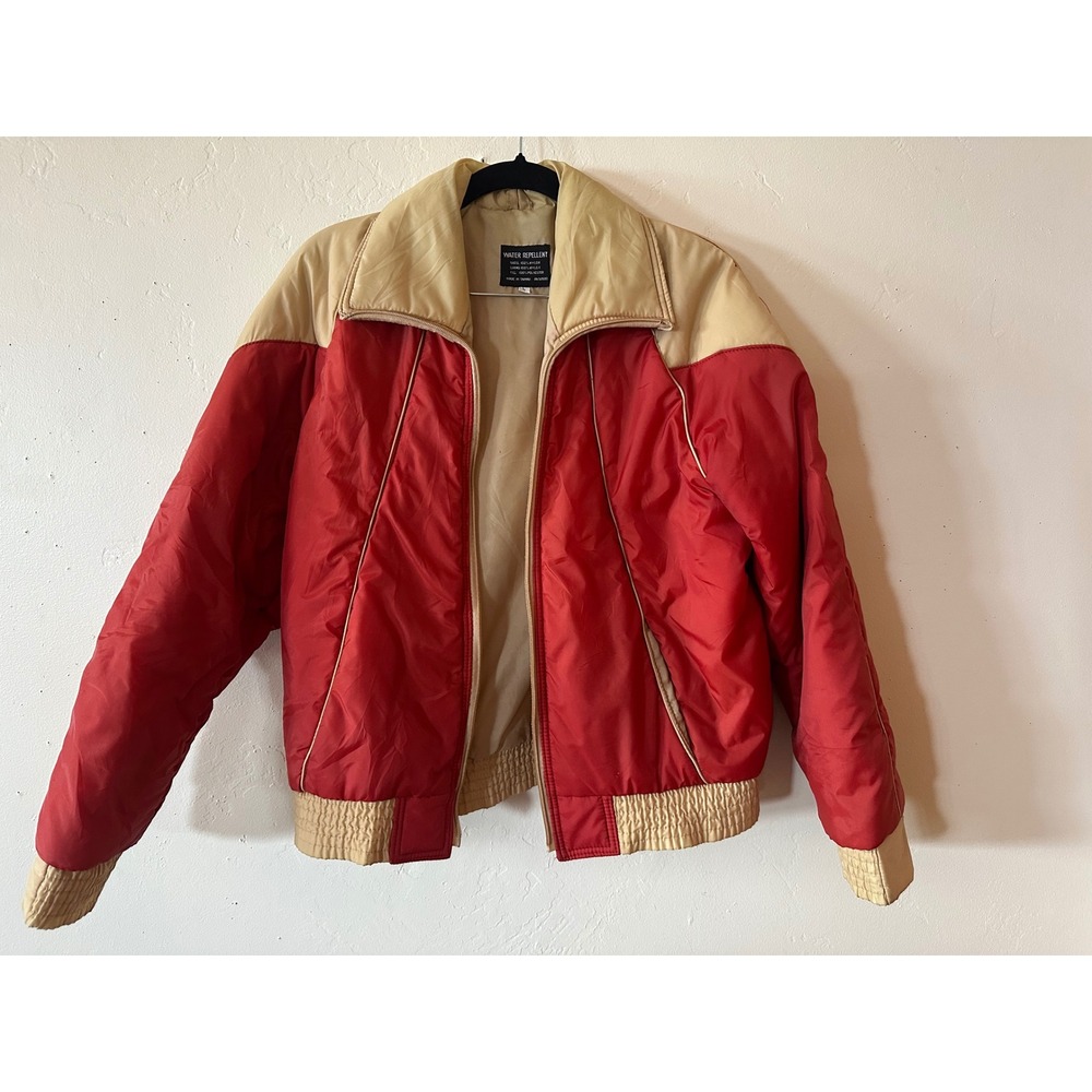Vintage Red Tan Colorblock Puffer Jacket Water Repellent Retro 80s Small L